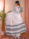 White Linen Cotton Saree With Blouse Piece - EZBER