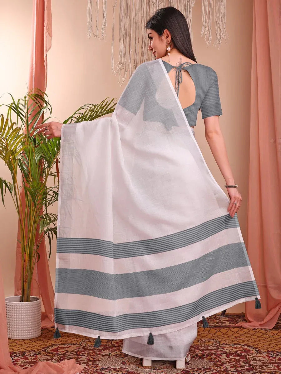 White Linen Cotton Saree With Blouse Piece - EZBER
