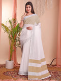 White Linen Cotton Saree With Blouse Piece - EZBER