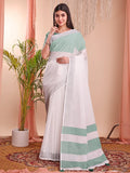White Linen Cotton Saree With Blouse Piece - EZBER