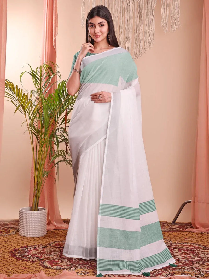 White Linen Cotton Saree With Blouse Piece - EZBER