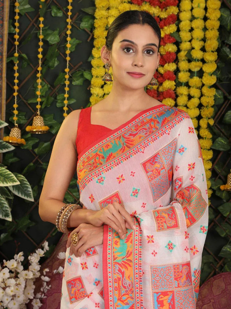 White Linen Cotton Saree With Blouse Piece - EZBER