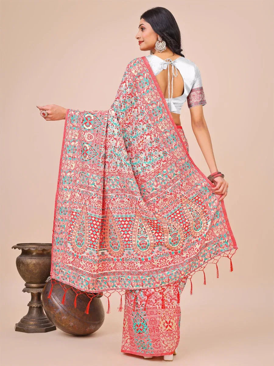 White Pashmina Cotton Saree With Blouse Piece - EZBER