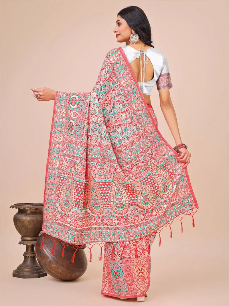White Pashmina Cotton Saree With Blouse Piece - EZBER