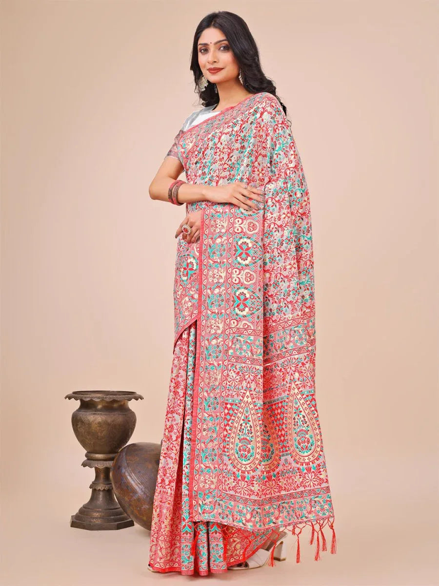 White Pashmina Cotton Saree With Blouse Piece - EZBER