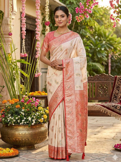 White Silk Blend Brocade Saree | EZB SI04 SURAS1003 - EZBER