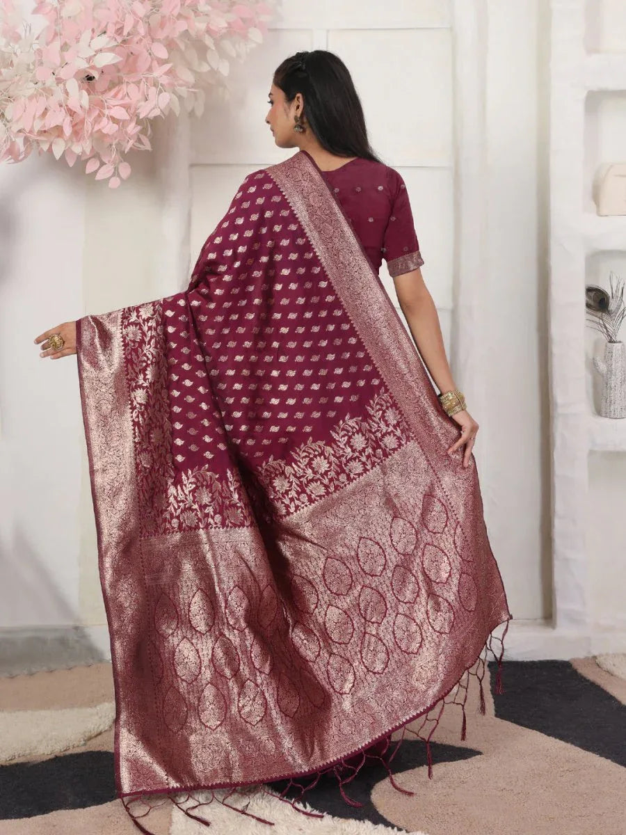 Wine Lichi Silk Saree With Blouse Piece - EZBER