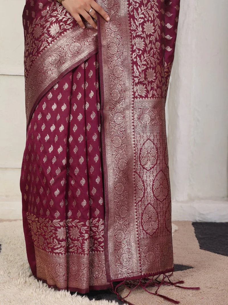 Wine Lichi Silk Saree With Blouse Piece - EZBER