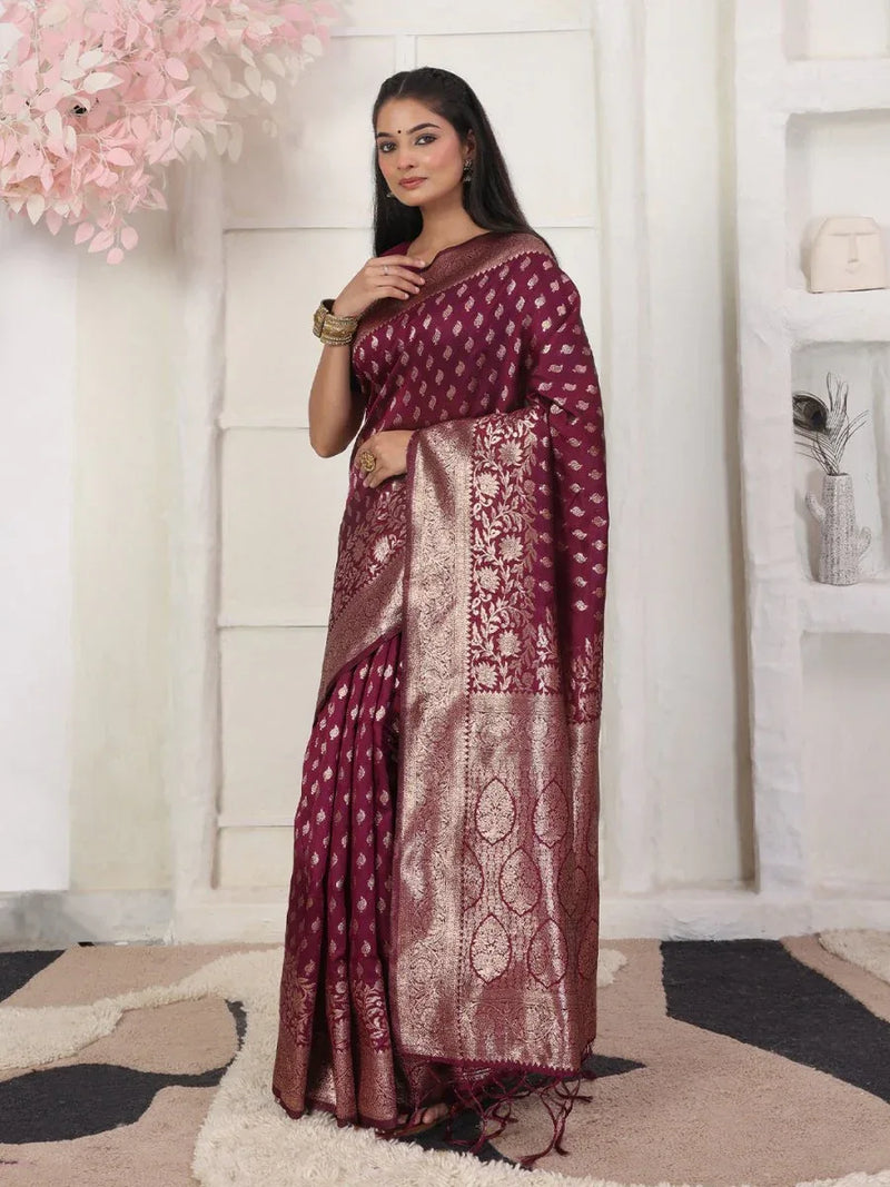 Wine Lichi Silk Saree With Blouse Piece - EZBER