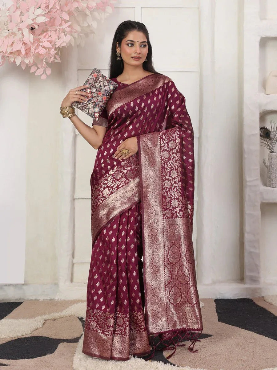 Wine Lichi Silk Saree With Blouse Piece - EZBER