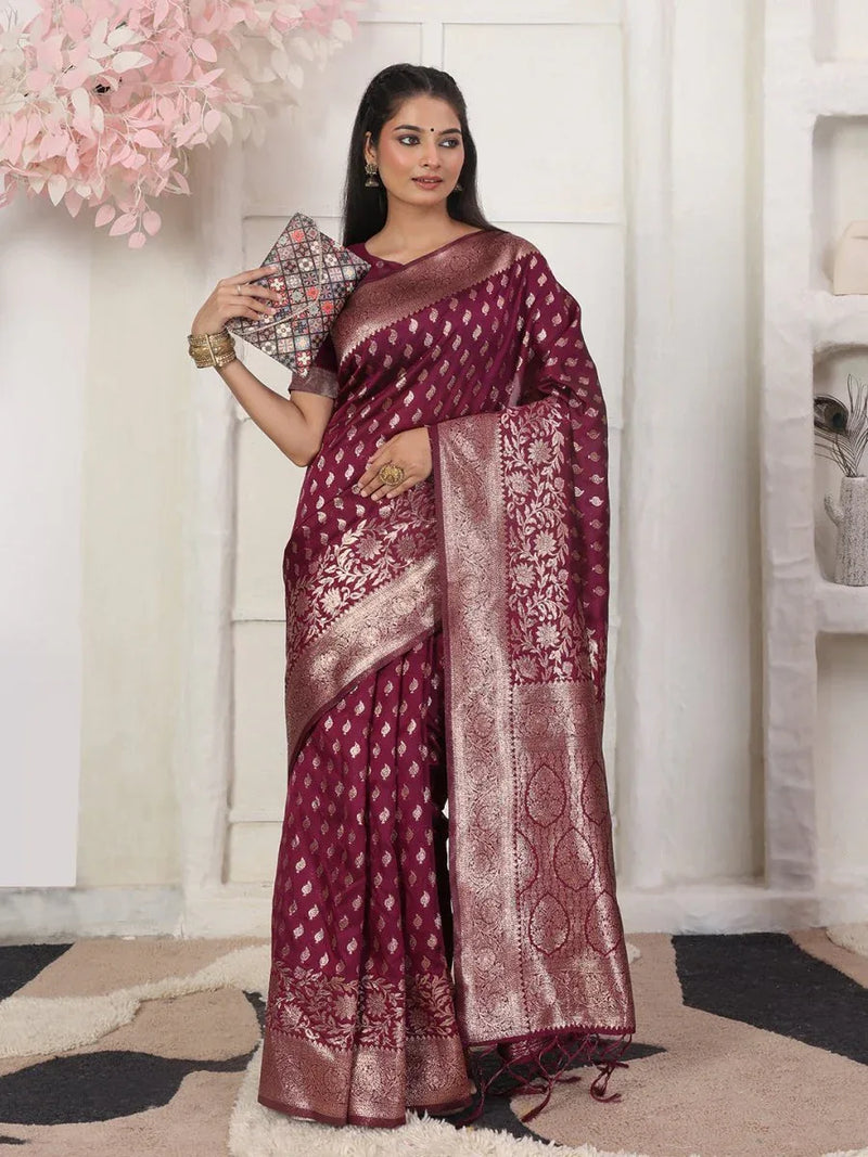 Wine Lichi Silk Saree With Blouse Piece - EZBER