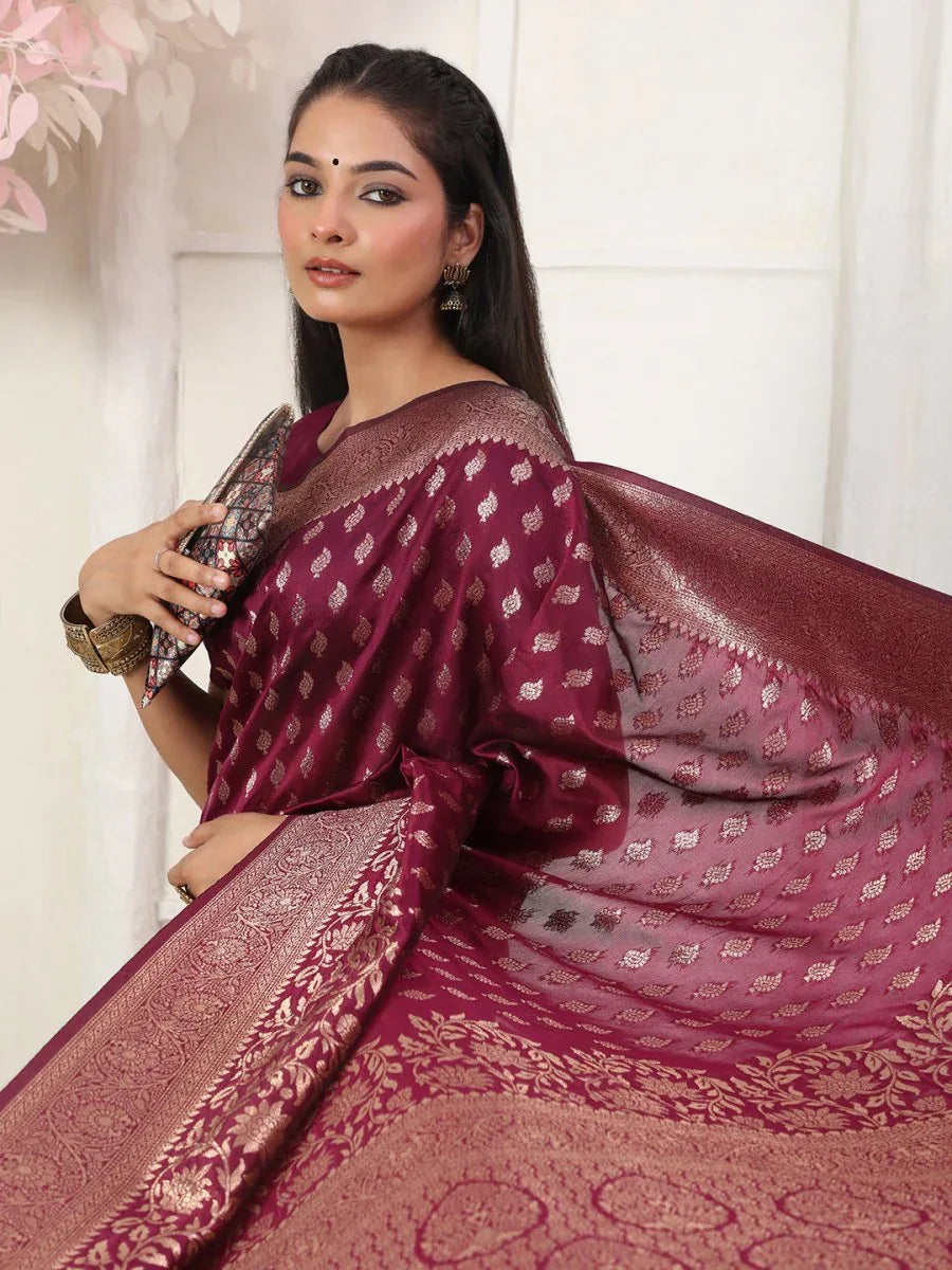 Wine Lichi Silk Saree With Blouse Piece - EZBER