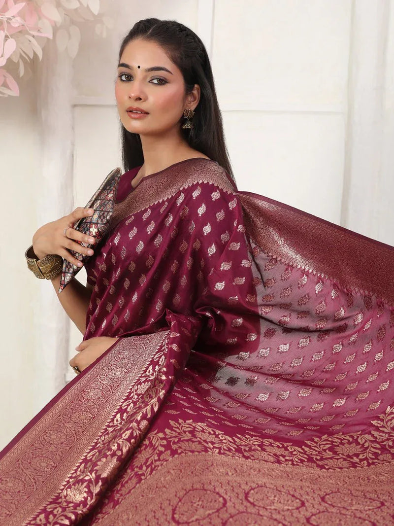 Wine Lichi Silk Saree With Blouse Piece - EZBER
