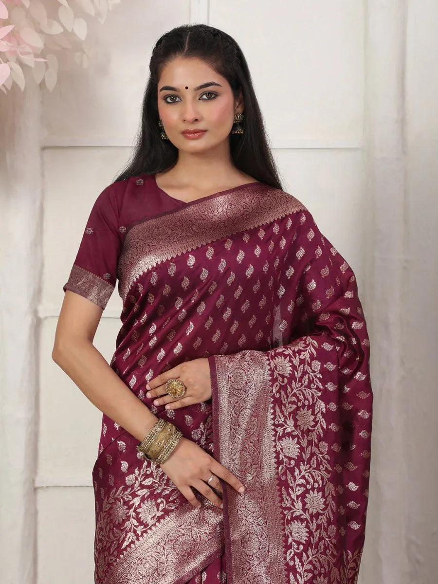 Wine Lichi Silk Saree With Blouse Piece - EZBER