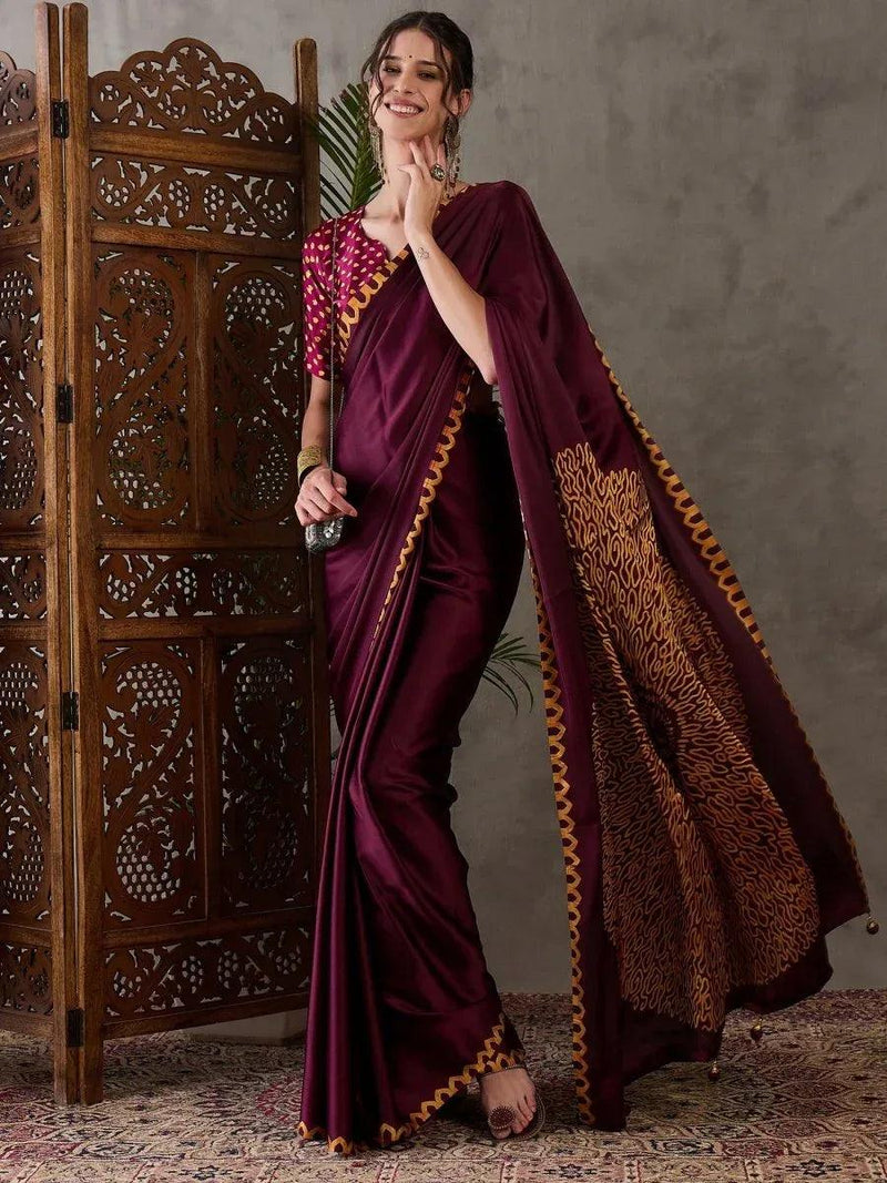 Wine Semi Modal Saree | EZB GF02 LUX 7006 - EZBER