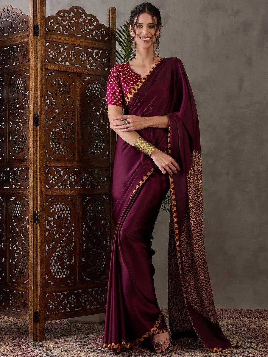Wine Semi Modal Saree | EZB GF02 LUX 7006 - EZBER