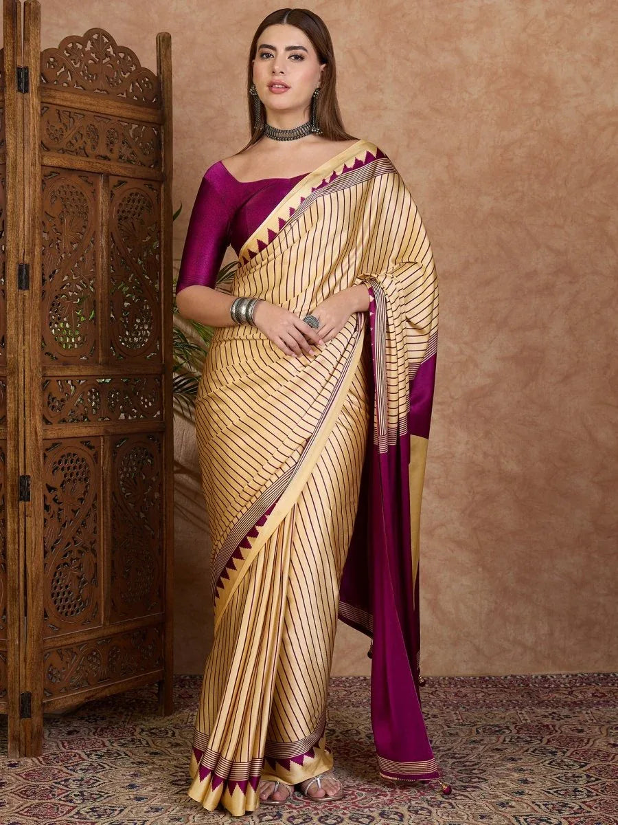 Wine Semi Modal Saree With Blouse Piece - EZBER