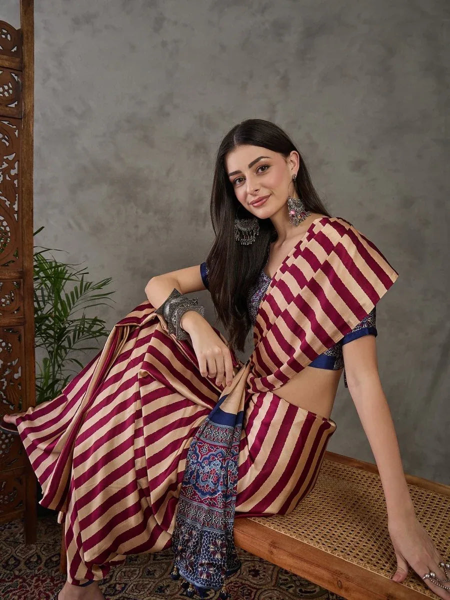 Wine Semi Modal Saree With Blouse Piece - EZBER