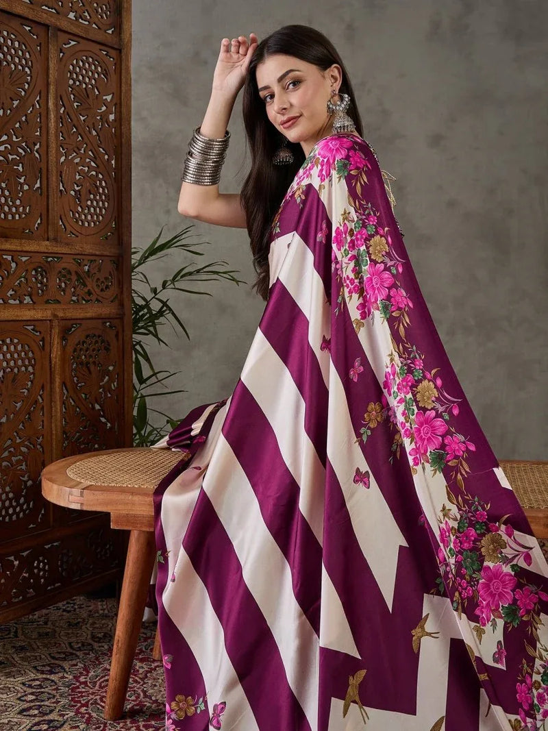 Wine Semi Modal Saree With Blouse Piece - EZBER