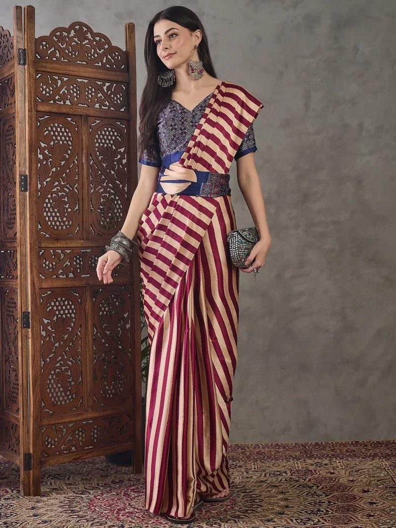 Wine Semi Modal Saree With Blouse Piece - EZBER
