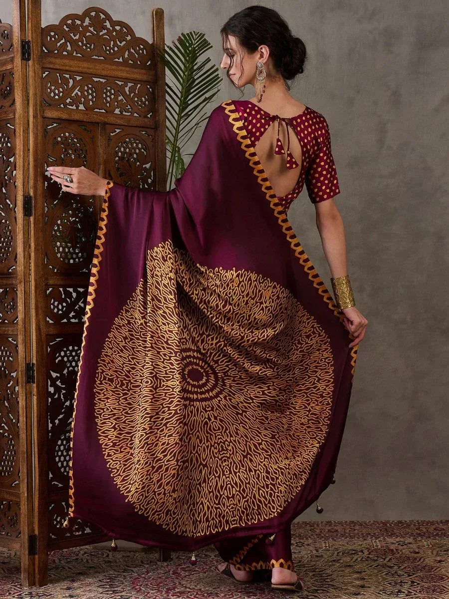 Wine Semi Modal Saree with Blouse Piece  | EZBER