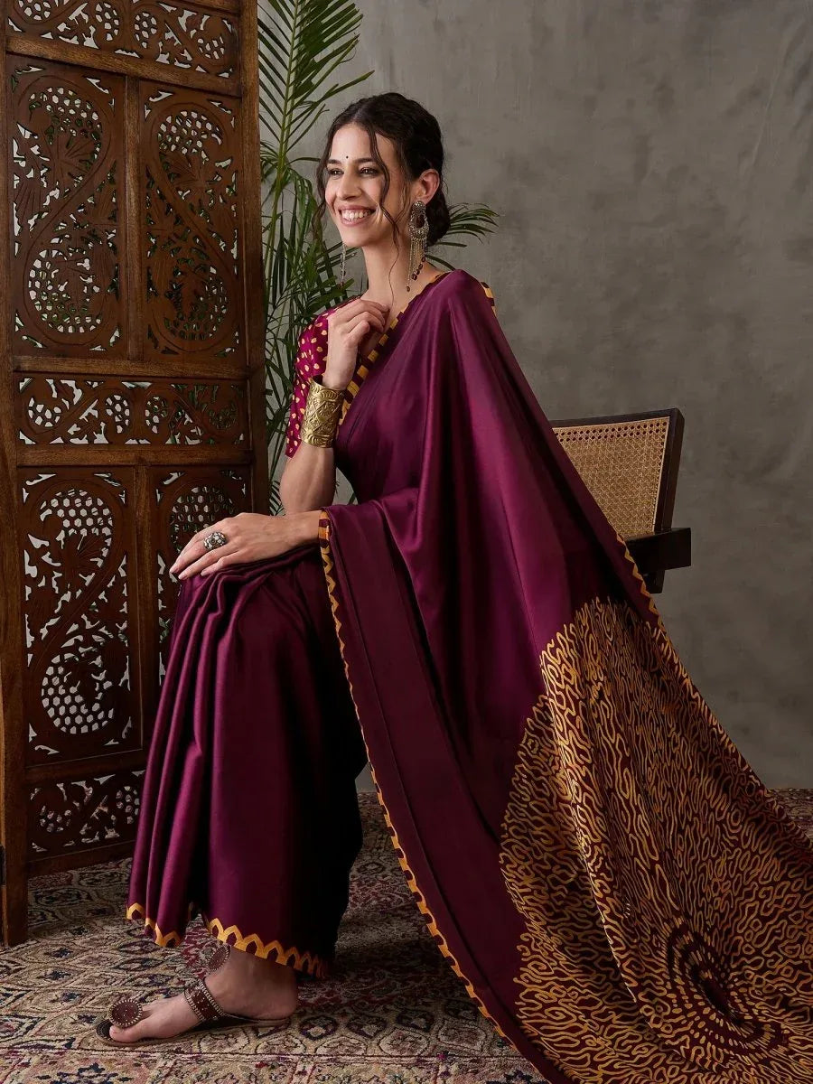 Wine Semi Modal Saree with Blouse Piece  | EZBER