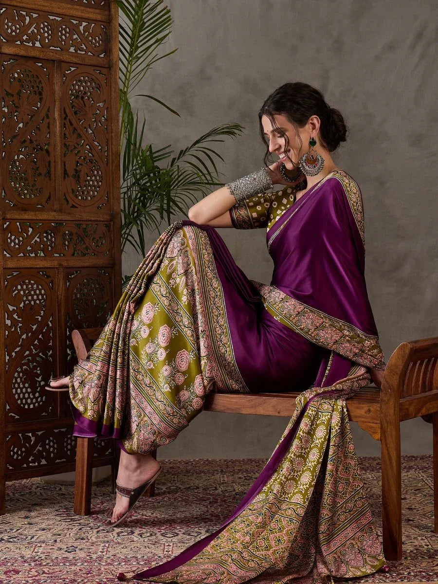 Wine Semi Modal Saree With Blouse Piece - EZBER