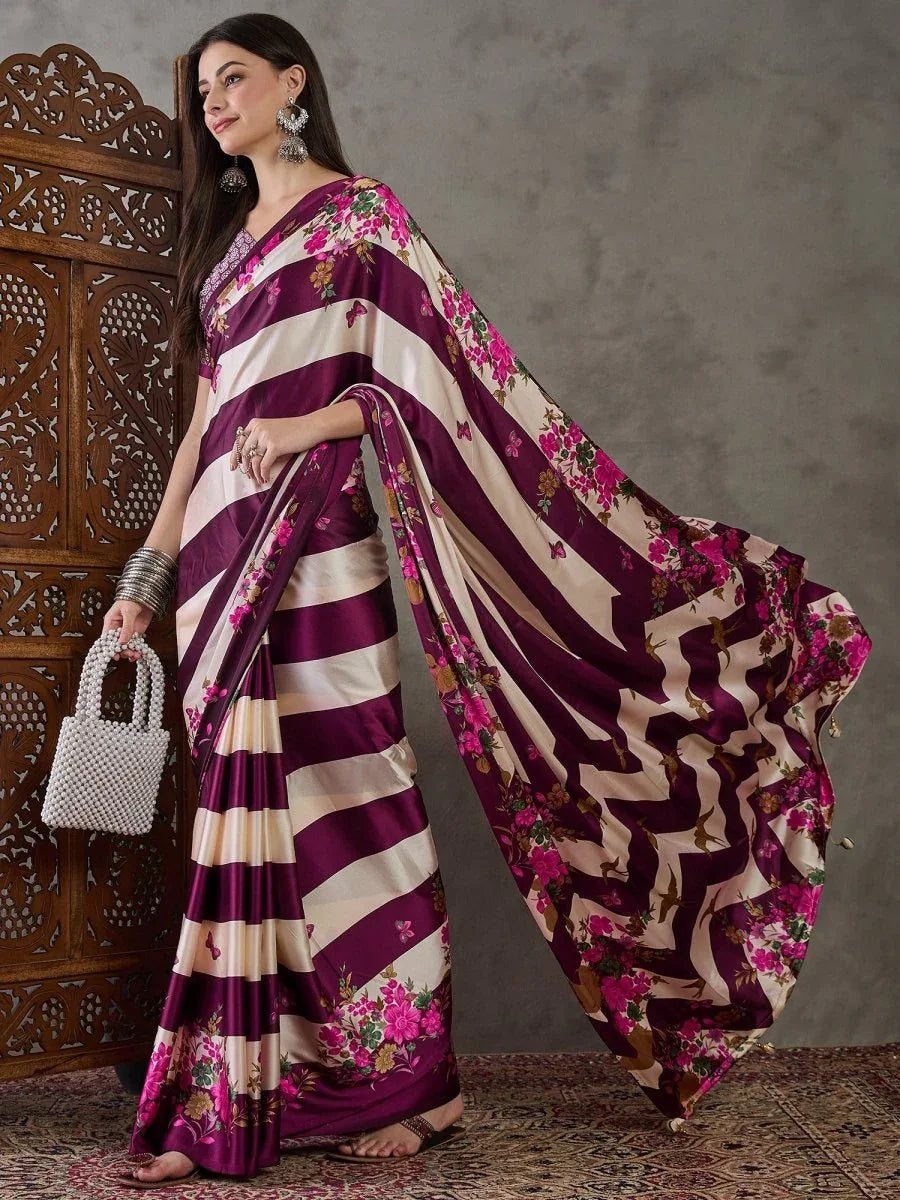 Wine Semi Modal Saree With Blouse Piece - EZBER