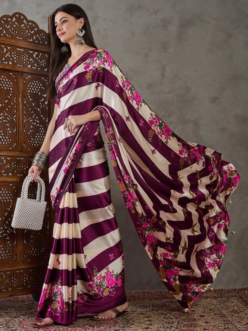 Wine Semi Modal Saree With Blouse Piece - EZBER