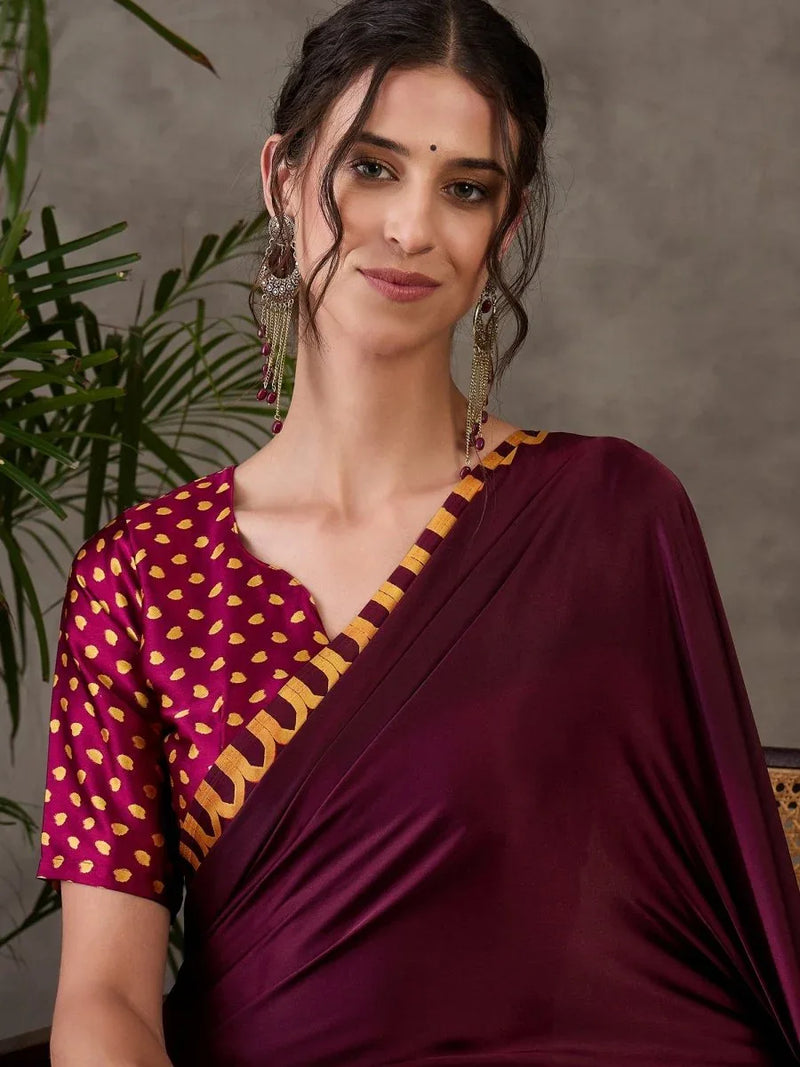 Wine Semi Modal Saree With Blouse Piece - EZBER