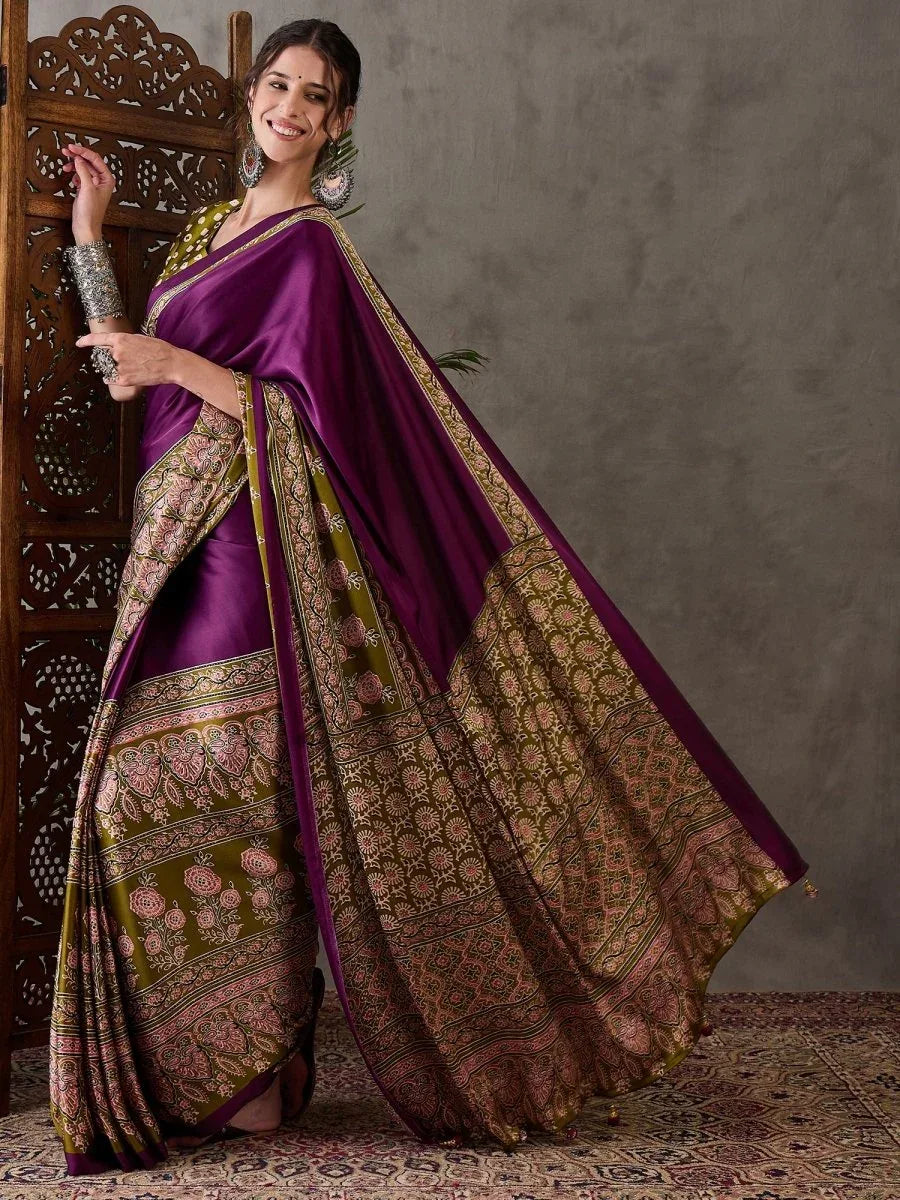 Wine Semi Modal Saree With Blouse Piece - EZBER