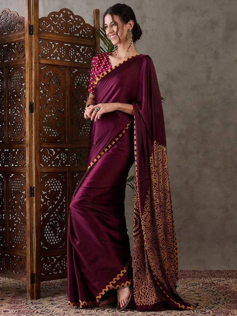 Wine Semi Modal Saree with Blouse Piece  | EZBER