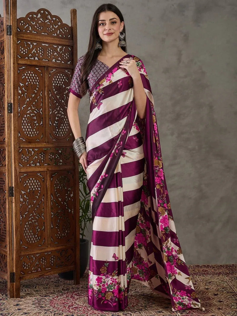 Wine Semi Modal Saree With Blouse Piece - EZBER