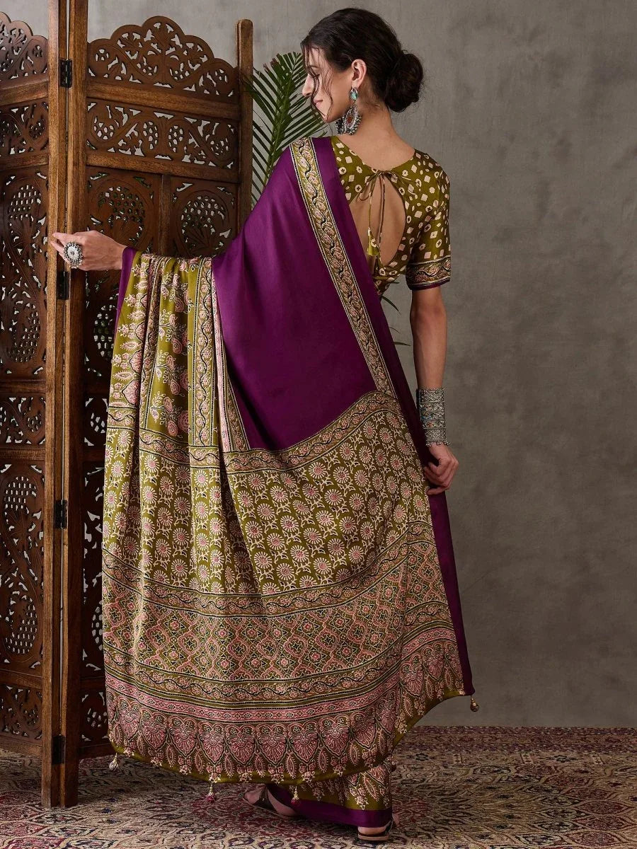 Wine Semi Modal Saree With Blouse Piece - EZBER