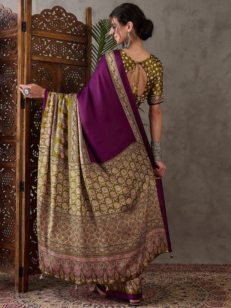 Wine Semi Modal Saree With Blouse Piece - EZBER