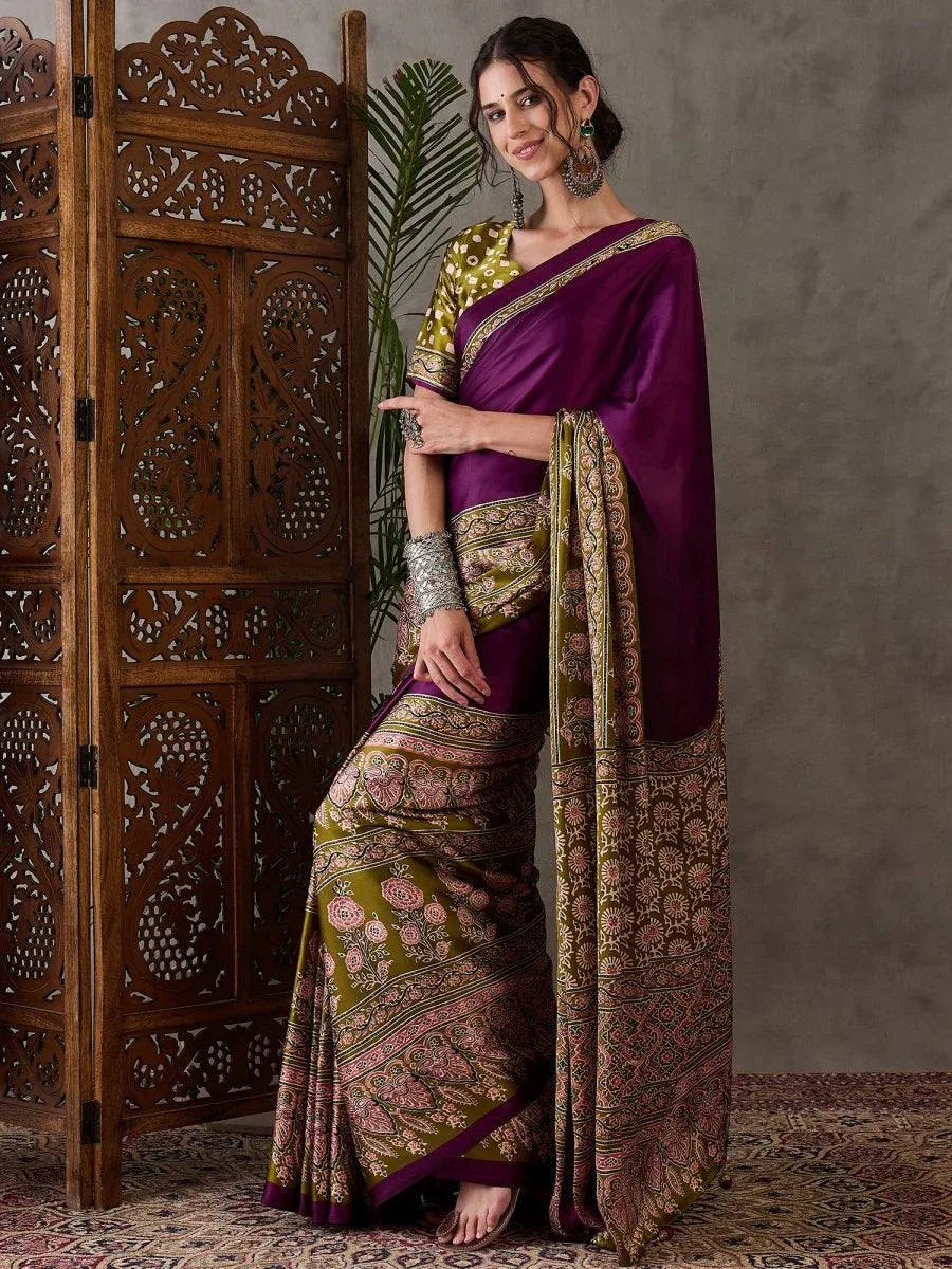 Wine Semi Modal Saree With Blouse Piece - EZBER