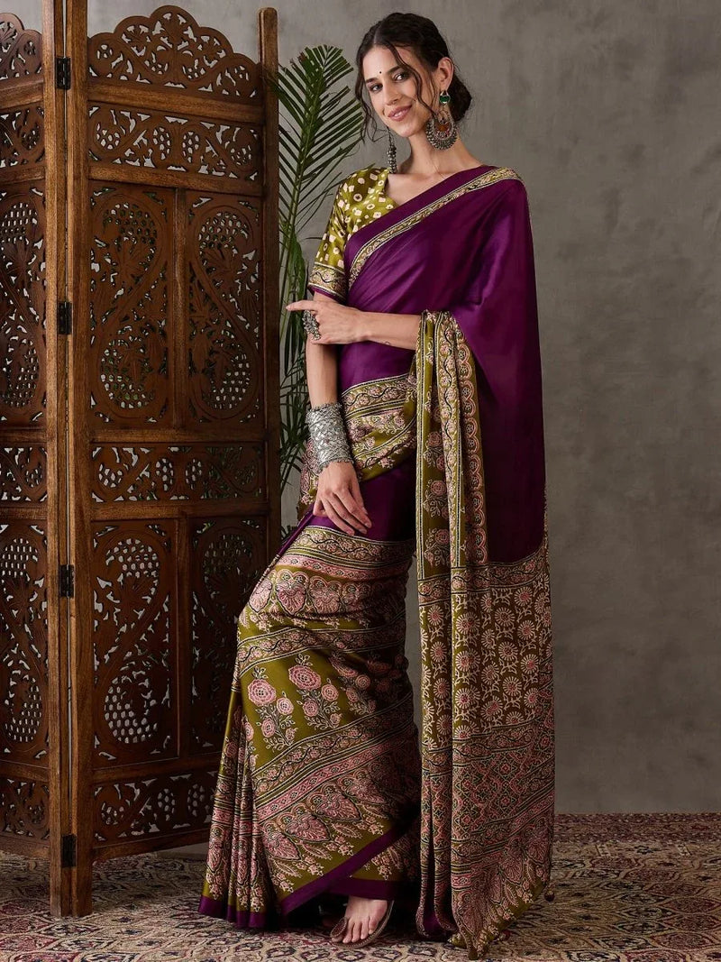 Wine Semi Modal Saree With Blouse Piece - EZBER