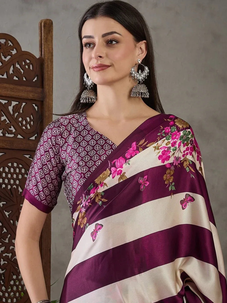 Wine Semi Modal Saree With Blouse Piece - EZBER