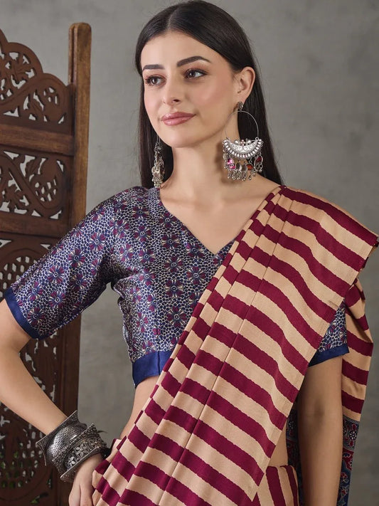 Wine Semi Modal Saree With Blouse Piece - EZBER