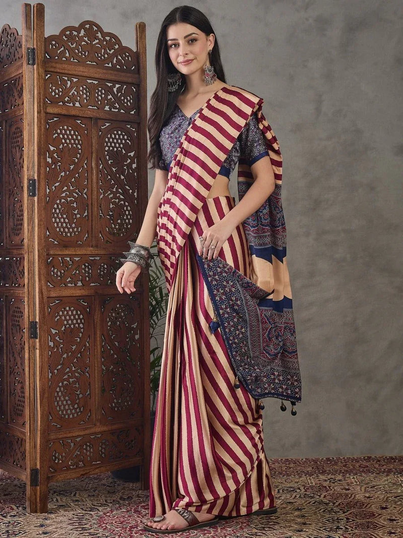 Wine Semi Modal Saree With Blouse Piece - EZBER