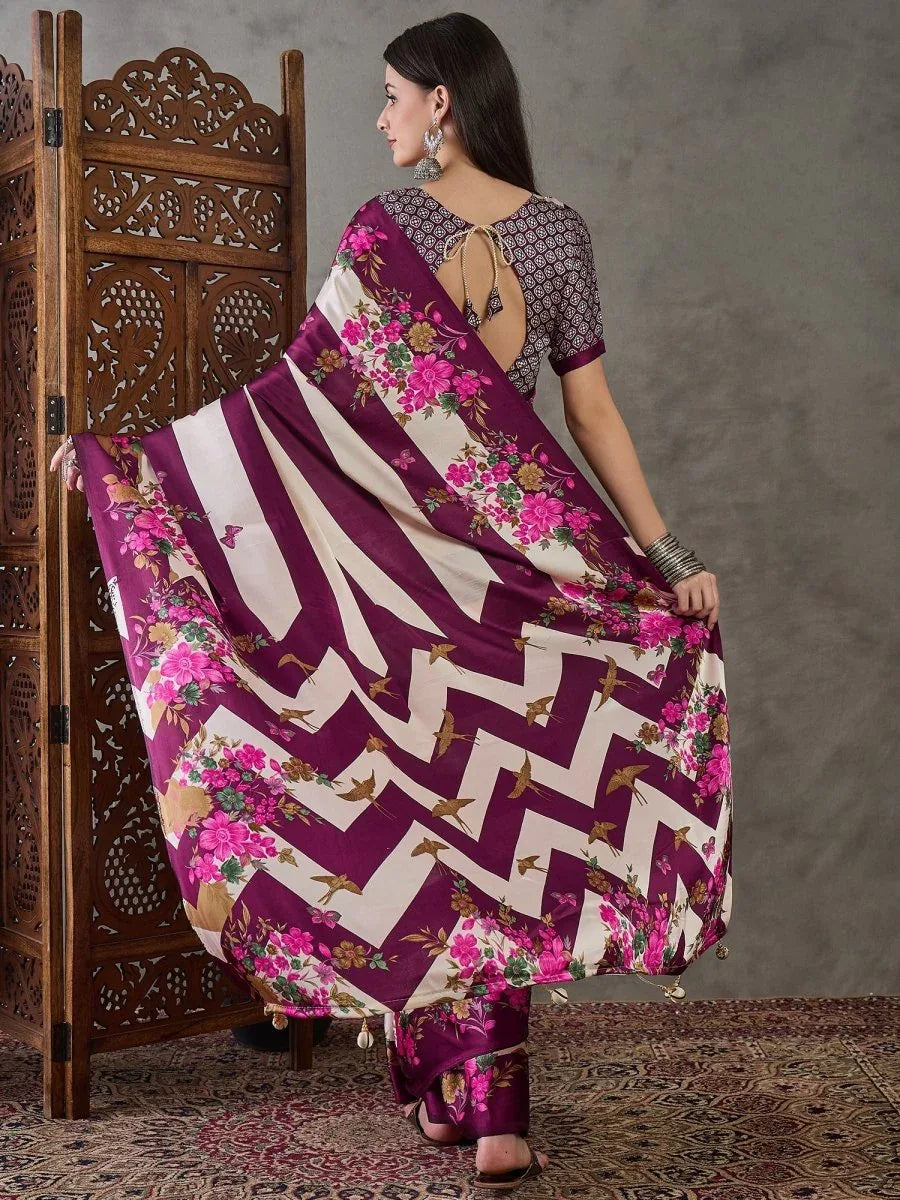 Wine Semi Modal Saree With Blouse Piece - EZBER