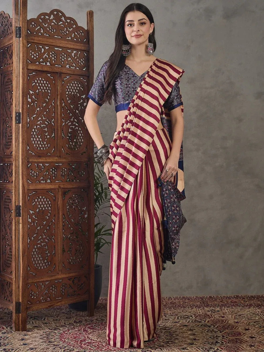 Wine Semi Modal Saree With Blouse Piece - EZBER