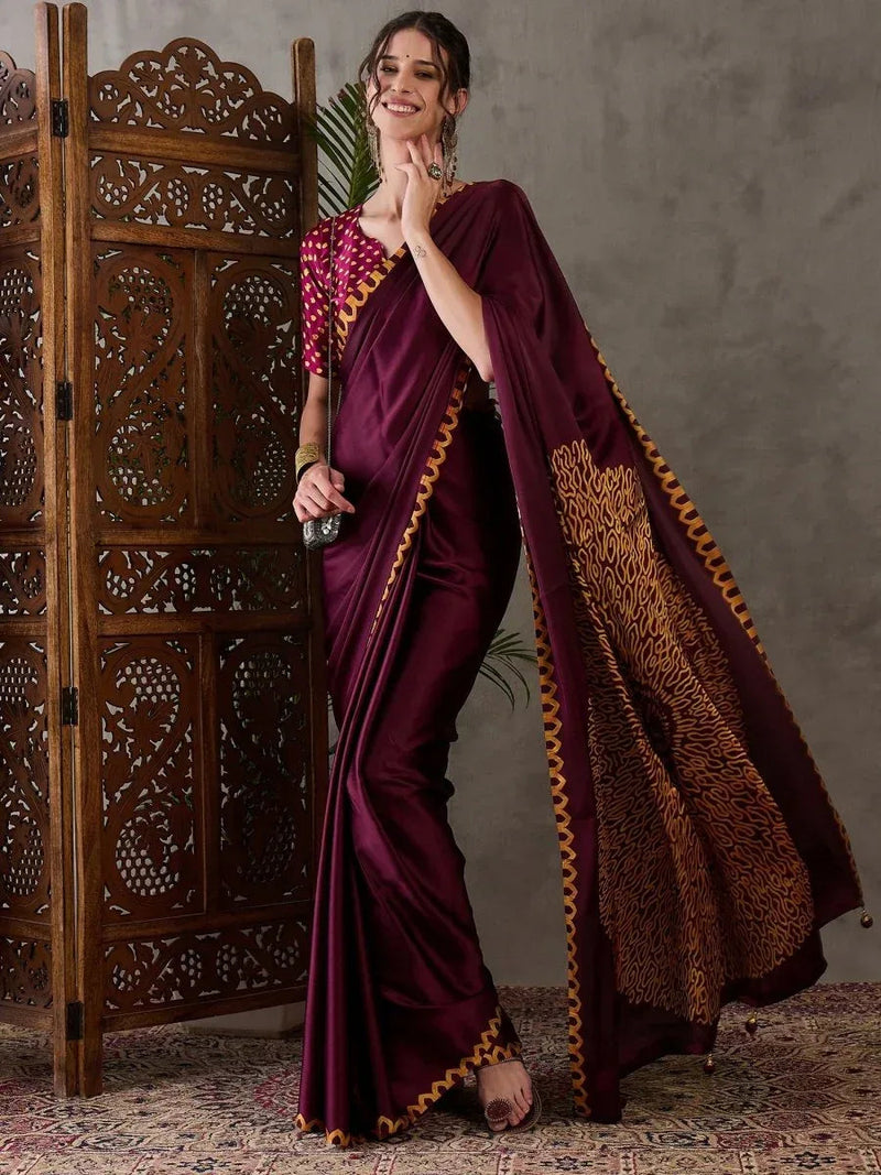 Wine Semi Modal Saree with Blouse Piece  | EZBER
