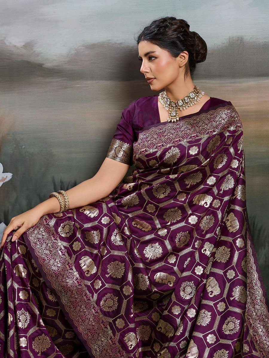 Wine Silk Blend Handloom Saree | EZB SI04 SURJW2004 - EZBER