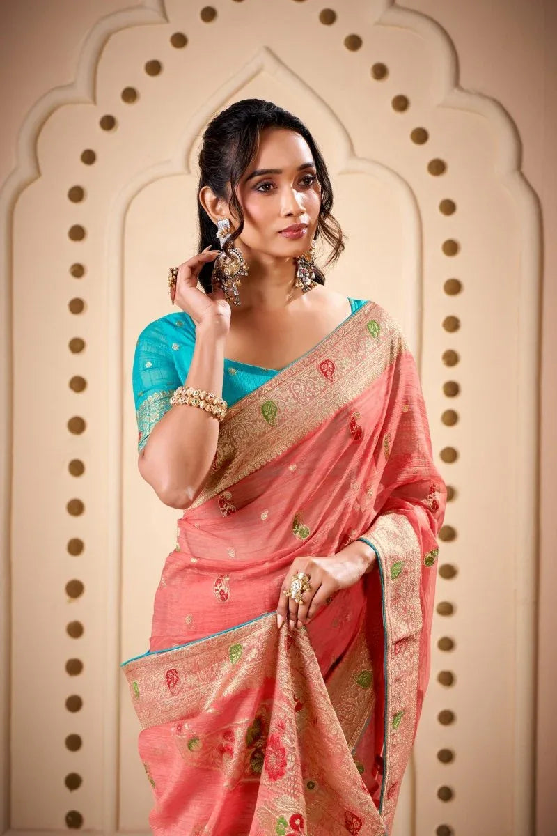 Woven Design Butta Work Weaving Handloom Saree With Blouse Piece - EZBER