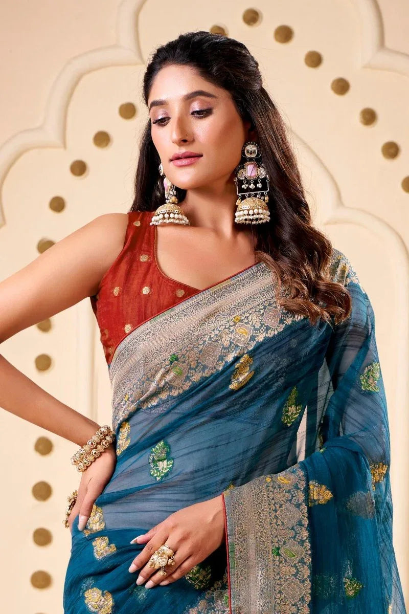 Woven Design Butta Work Weaving Handloom Saree With Blouse Piece - EZBER