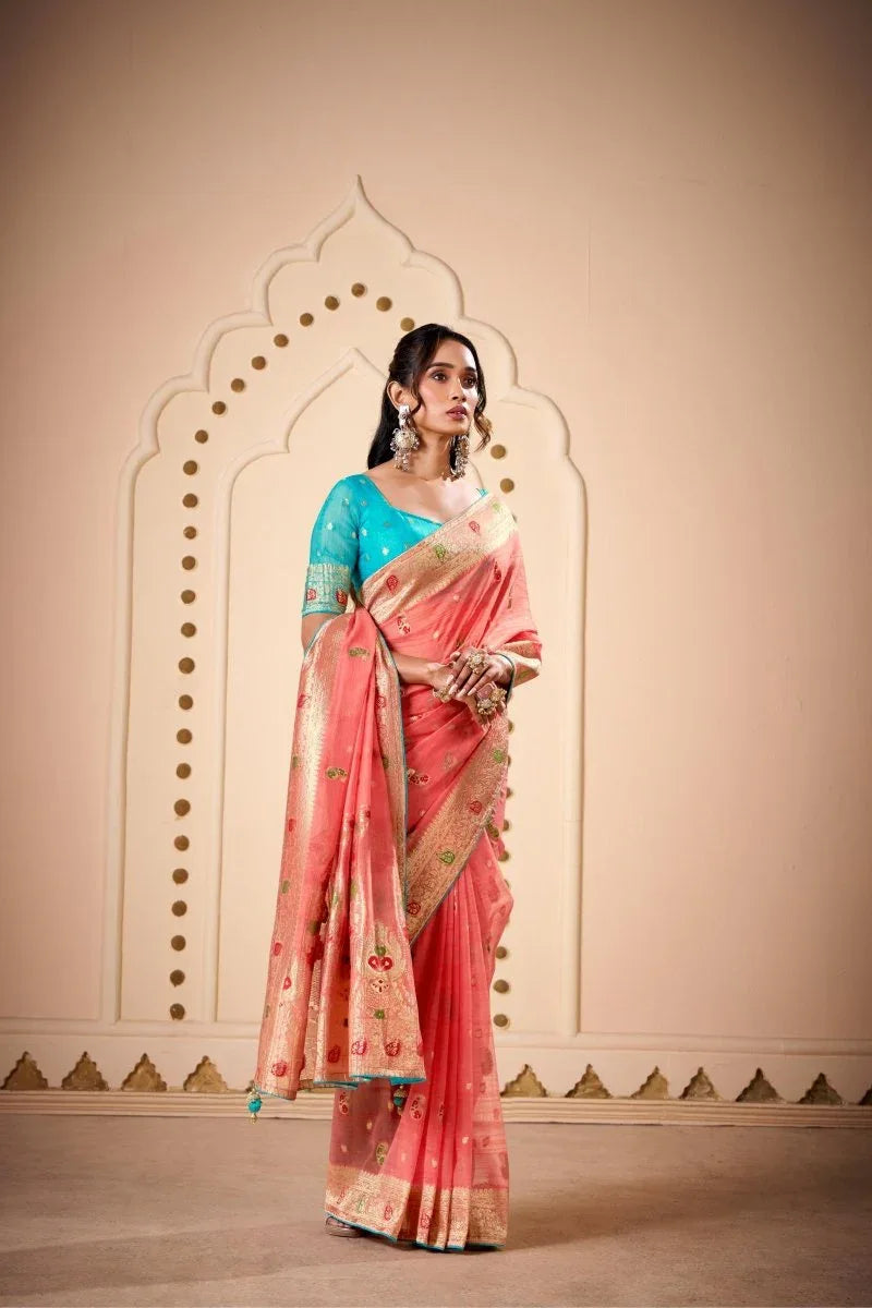 Woven Design Butta Work Weaving Handloom Saree With Blouse Piece - EZBER