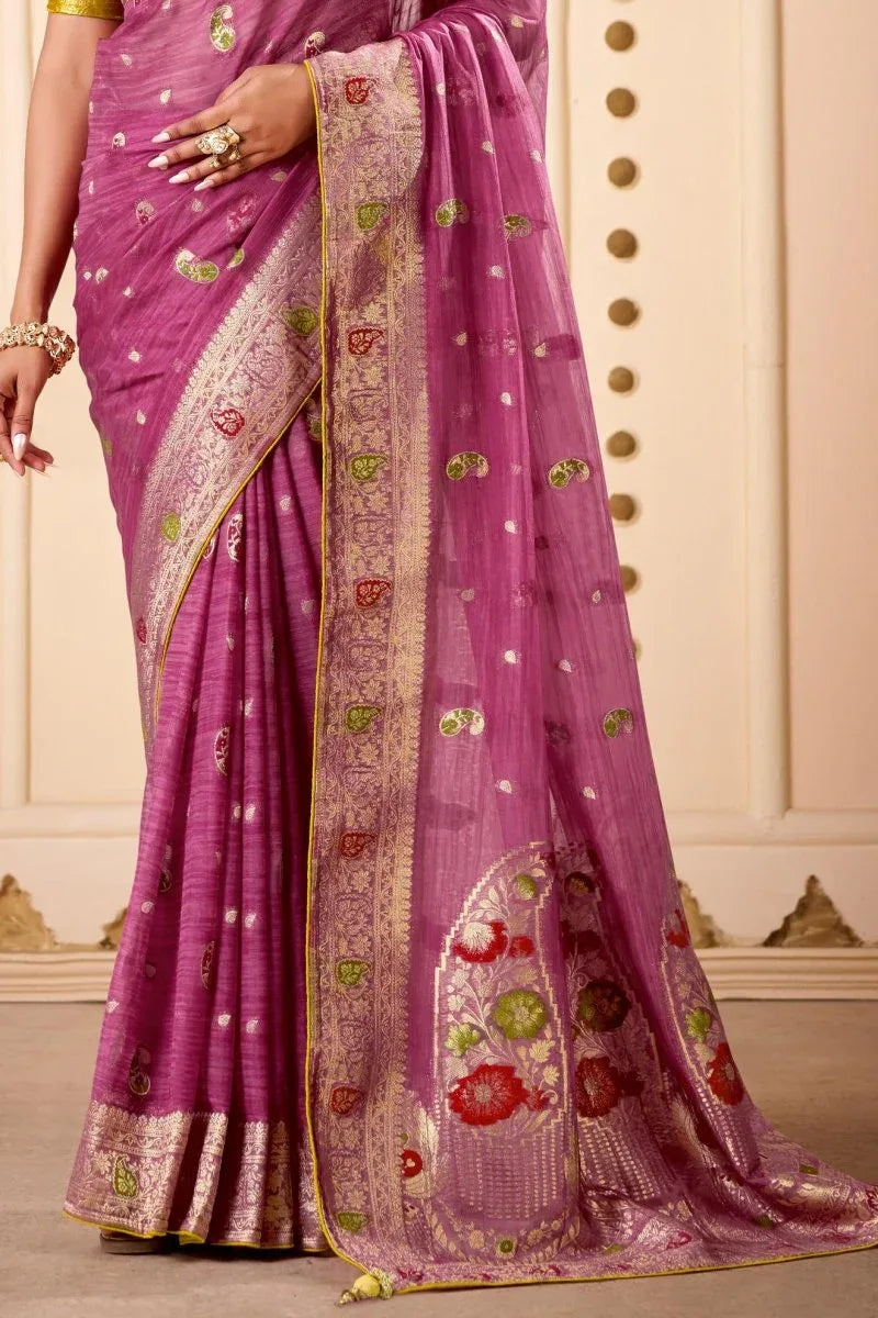 Woven Design Butta Work Weaving Handloom Saree With Blouse Piece - EZBER