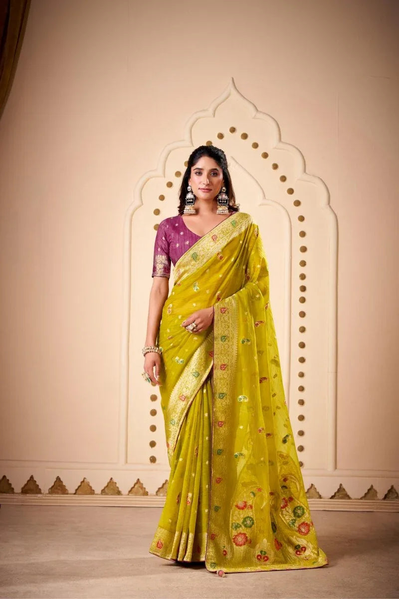 Woven Design Butta Work Weaving Handloom Saree With Blouse Piece - EZBER