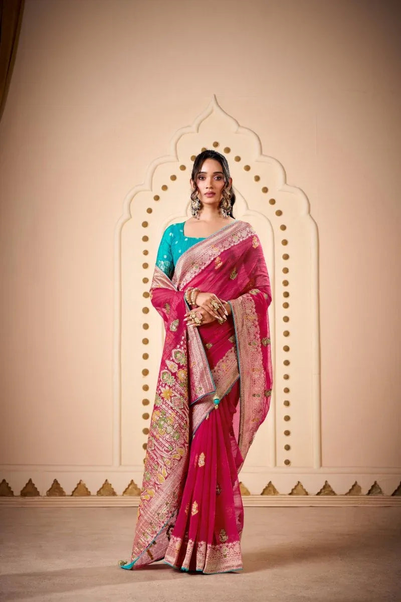Woven Design Butta Work Weaving Handloom Saree With Blouse Piece - EZBER